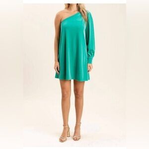 S'EDGE flora half shoulder swing dress in dynasty green